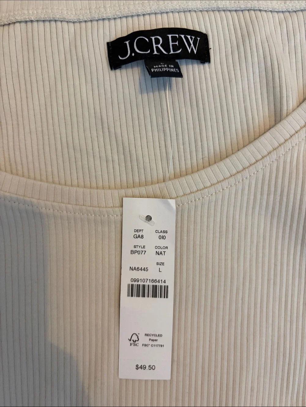 J.Crew Women's Cream Ribbed Long-Sleeve Top LARGE - Picture 3 of 4
